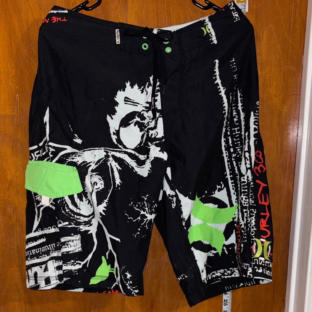 Hurley Black and Neon Green Graphic Shorts